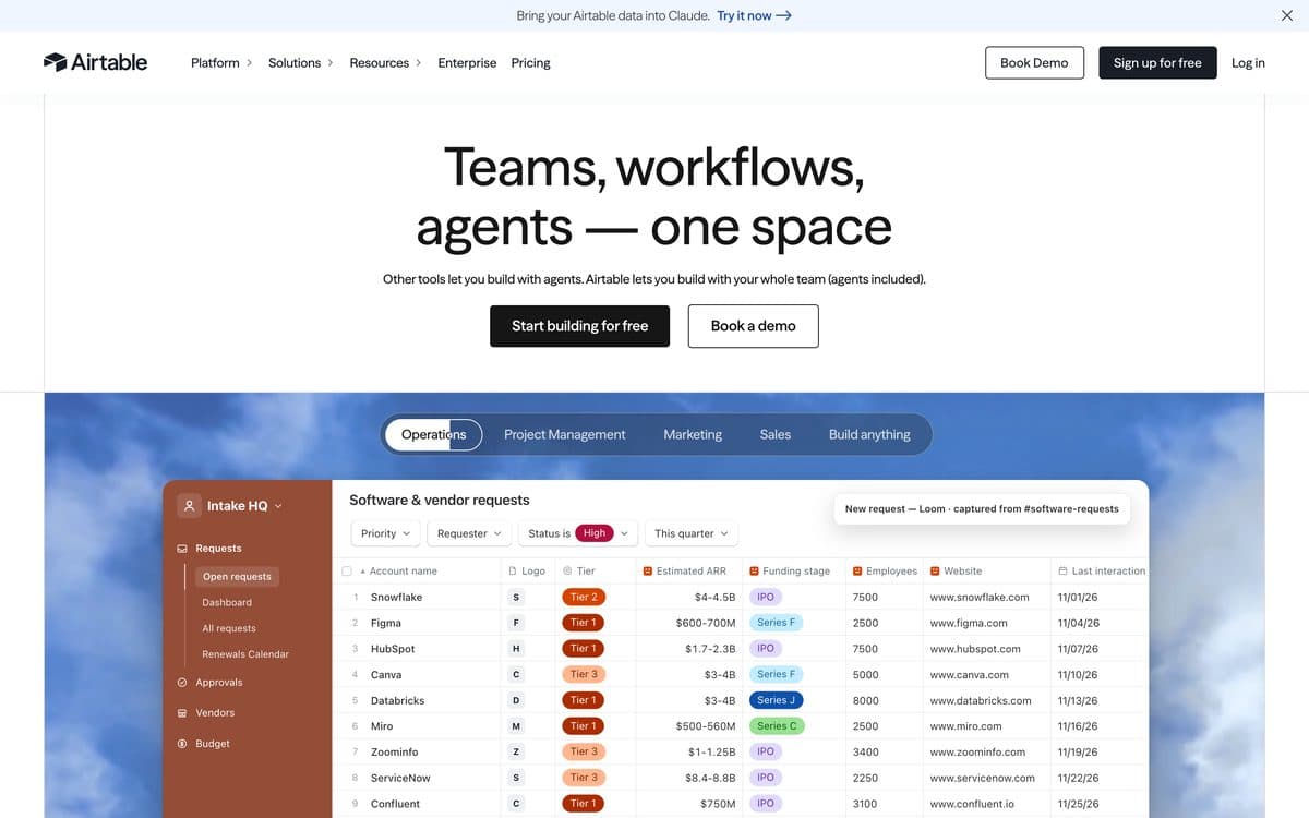 La page d’accueil de Airtable