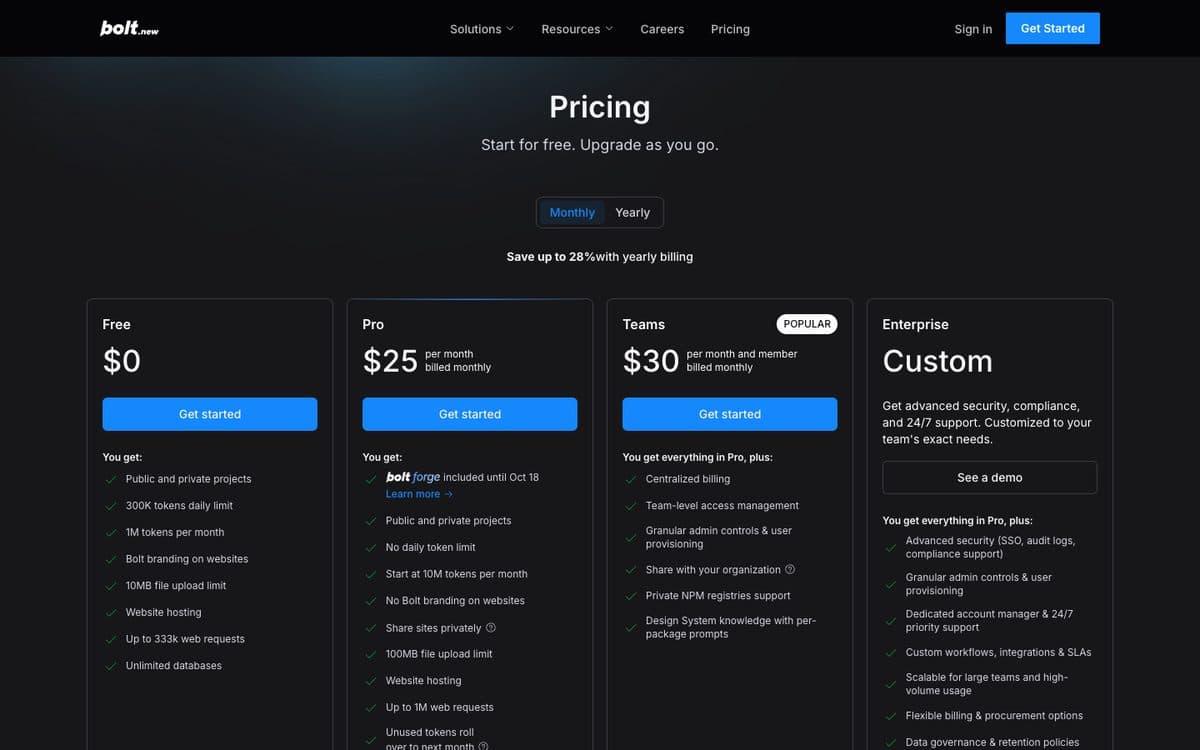 Bolt.new's pricing page