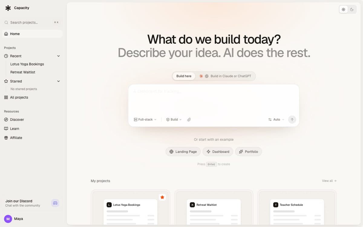 Capacity's dashboard, where you describe what to build
