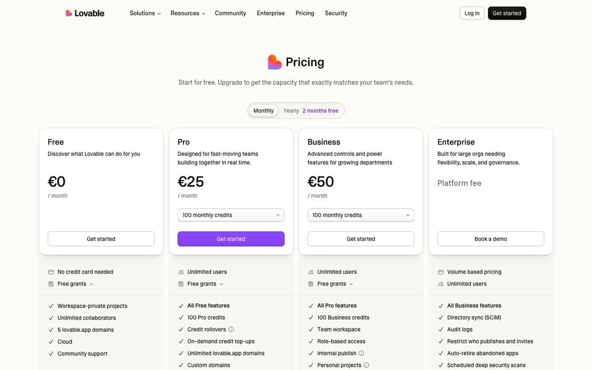 Lovable's pricing page
