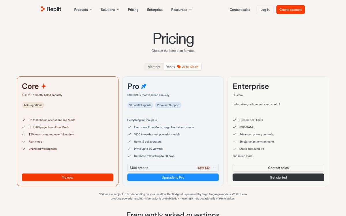 Replit's pricing page