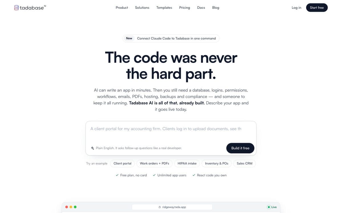 Tadabase's home page
