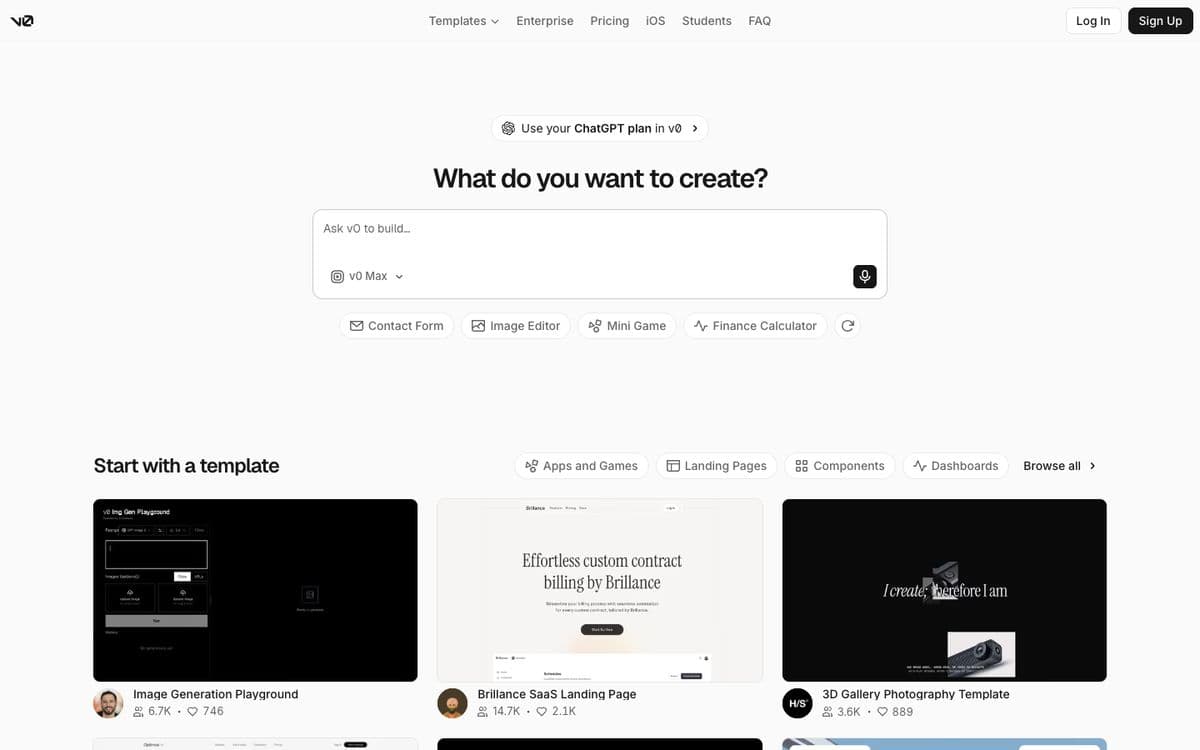 v0 by Vercel's home page