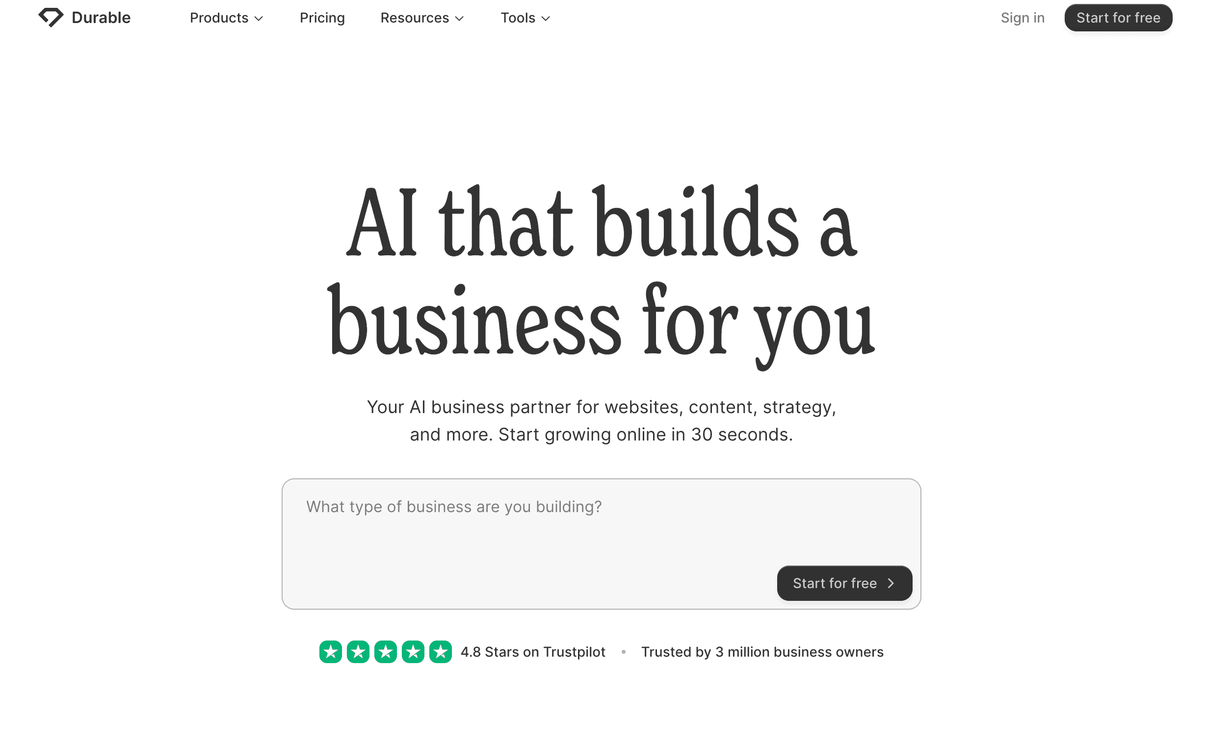 Durable homepage screenshot