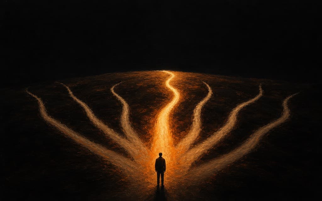 Diverging paths, one glowing brighter