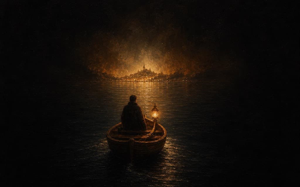 A lantern-lit boat sailing toward a glowing shore