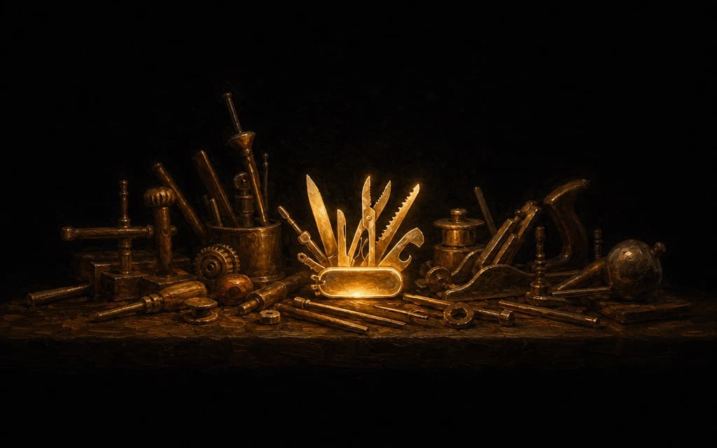 A crowded workbench of tools with one glowing